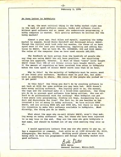 Open Letter to Hobbyists by Microsoft